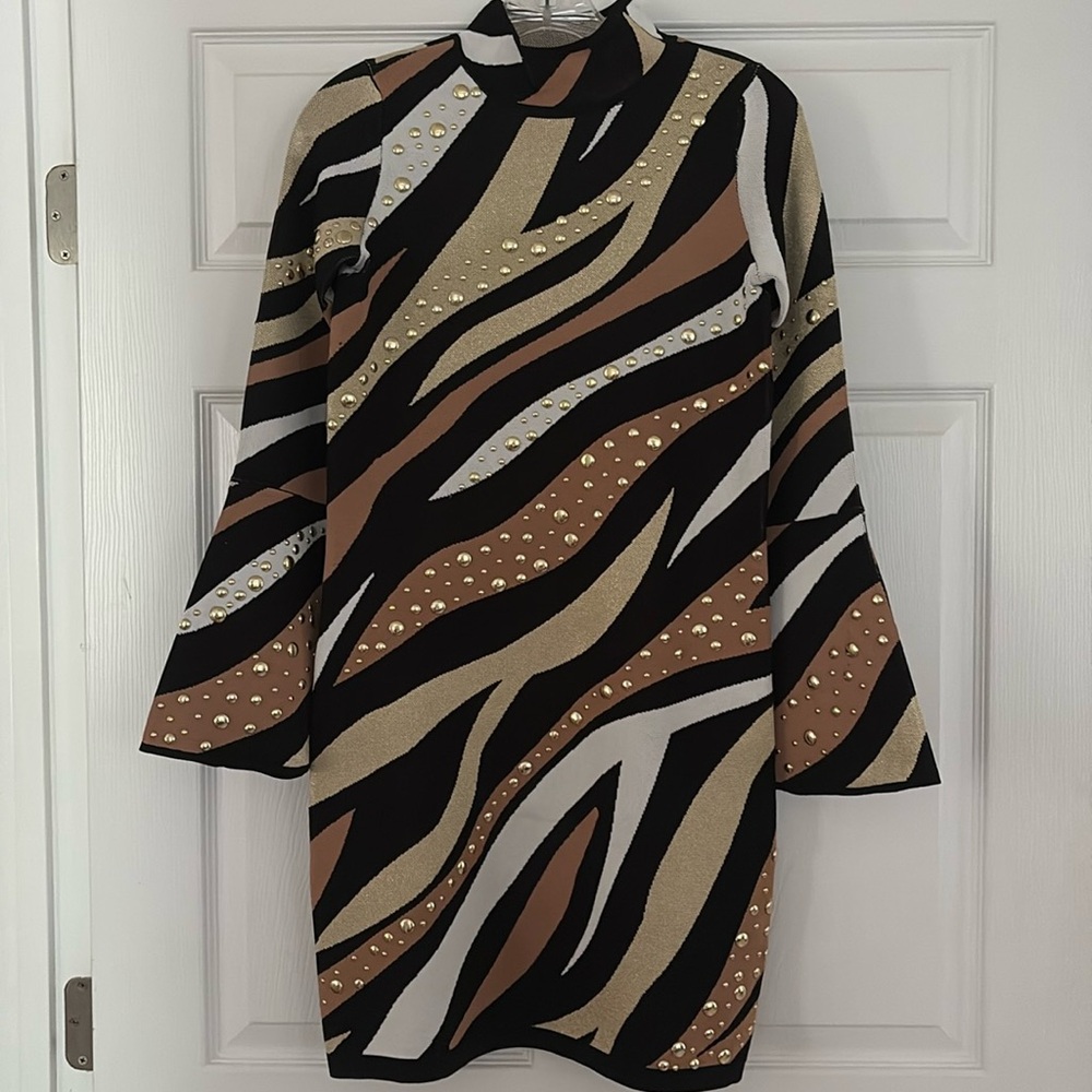 Like New Metallic Studded Zebra Bell Sleeve Dress!